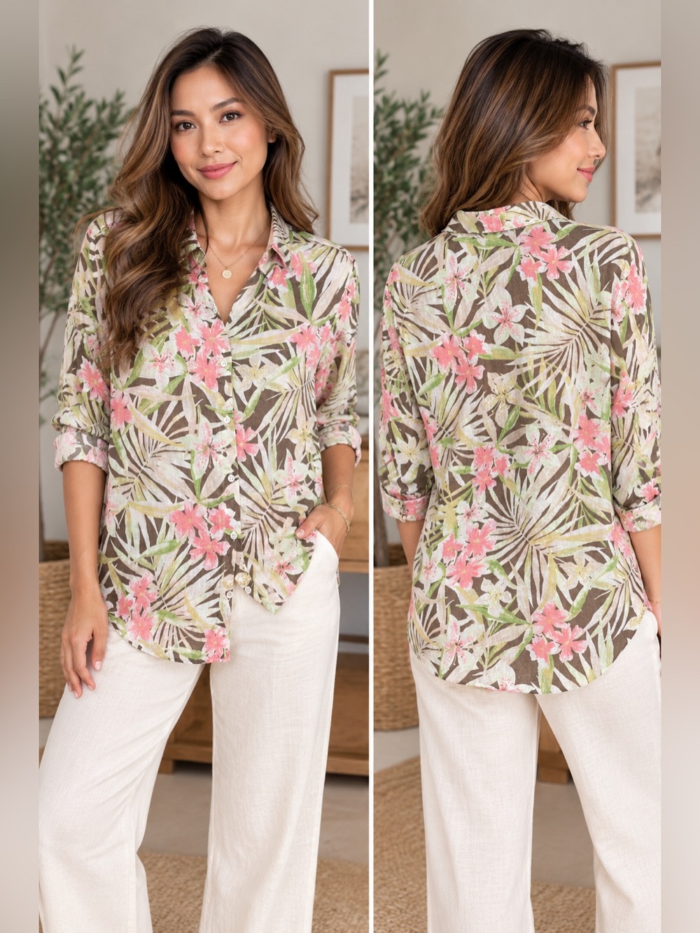 J.Jill Love Linen Tropical Floral Button Down Shirt Size L 100% Linen